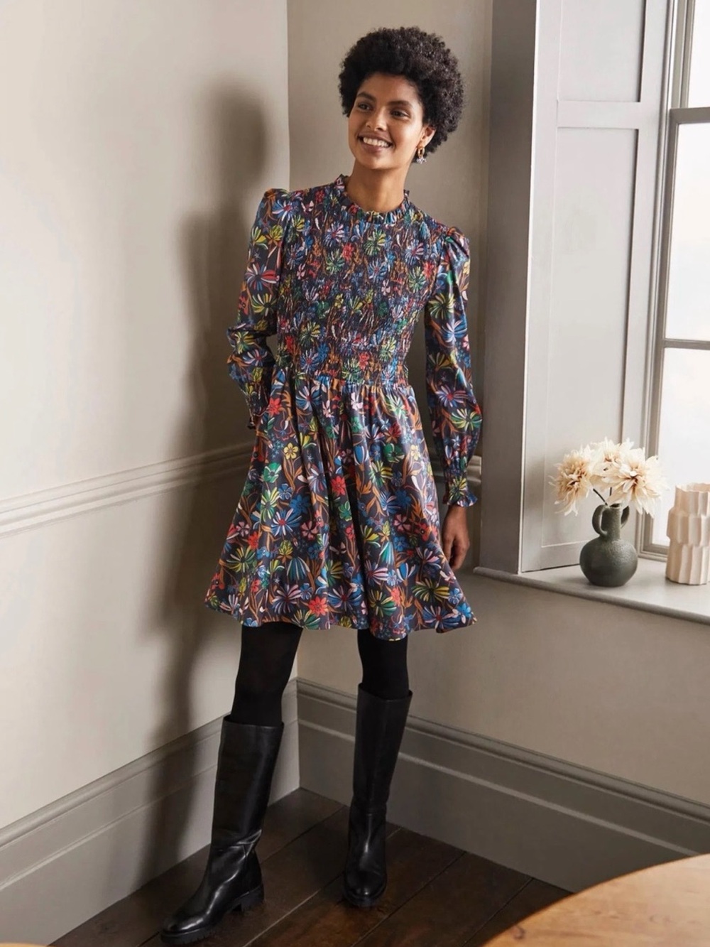 Boden Frill Neck Smocked Dress in Multicolor Floral-Long-Sleeve & 100% Cotton